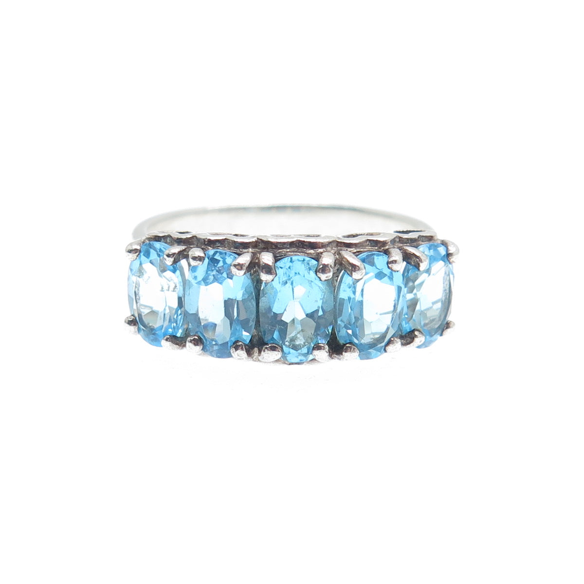 925 Sterling Silver Real Oval-Cut Blue Topaz Cluster Ring Size 6