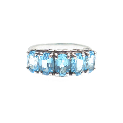 925 Sterling Silver Real Oval-Cut Blue Topaz Cluster Ring Size 6