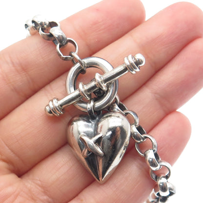 925 Sterling Silver Vintage "X" Heart Charm Oxidized Rolo Link Bracelet 6.75"