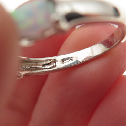 925 Sterling Silver Vintage Real Opal & White Topaz Ring Size 7.25