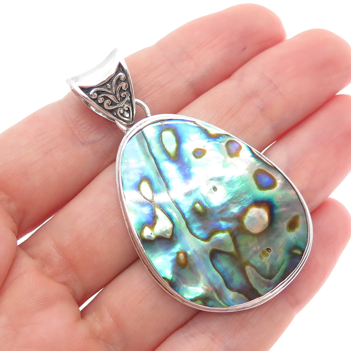 925 Sterling Silver Vintage Real Abalone Shell Teardrop Charm Pendant