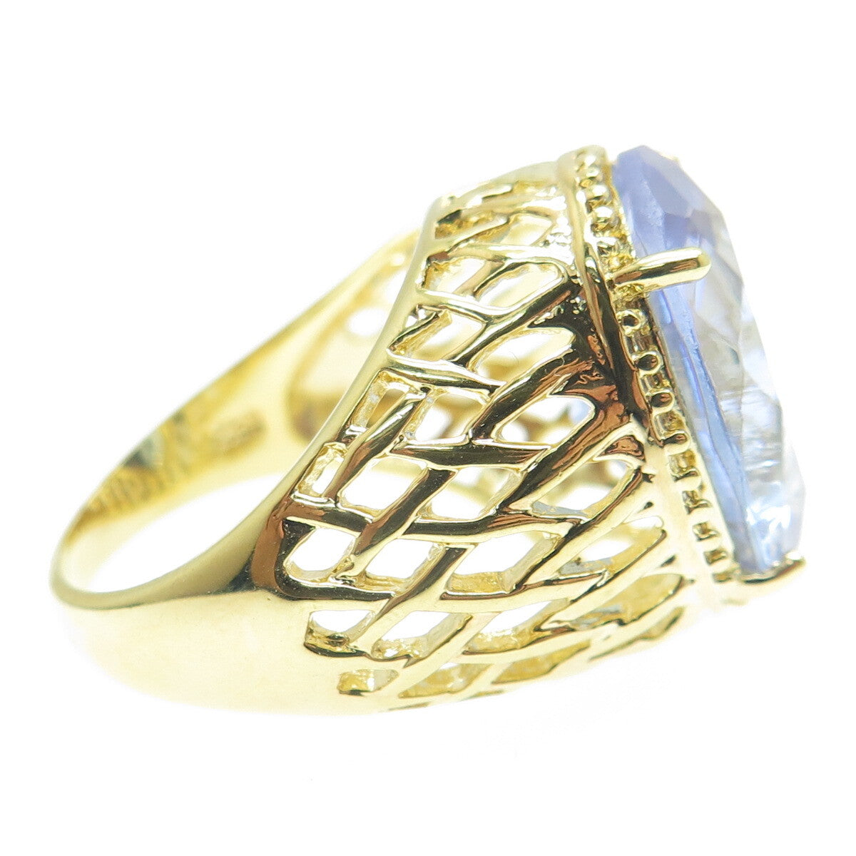 925 Sterling Silver Gold Plated Checkered Blue Crystal Cage Domed Ring Size 8.25