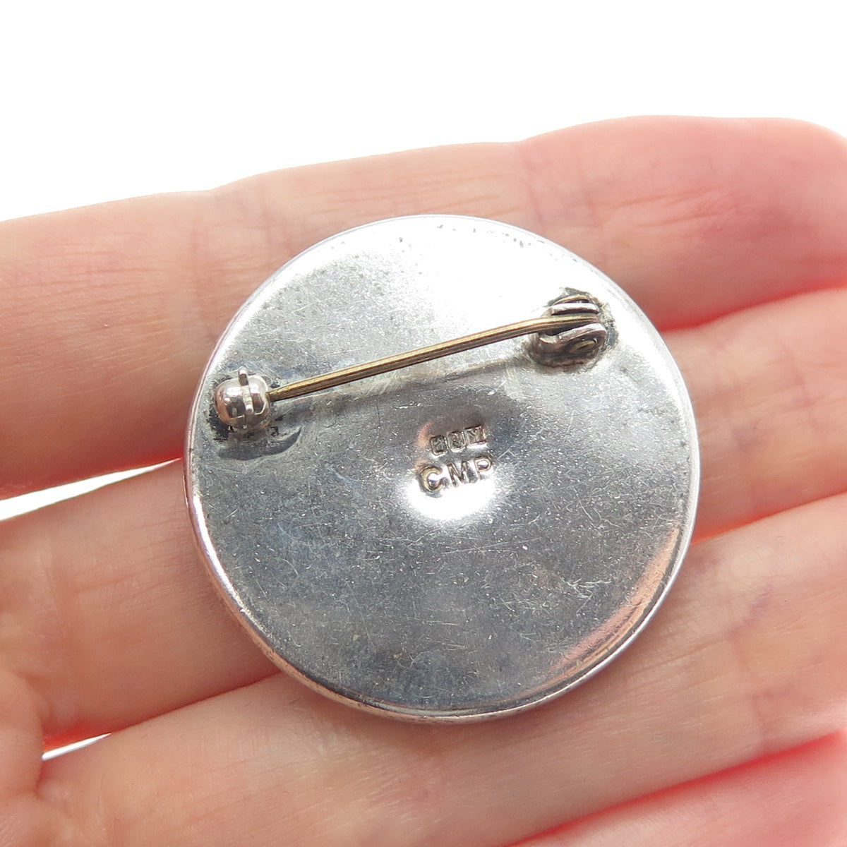 925 Sterling Silver Vintage 1966 CMP Dublin Real Jade Round Pin Brooch