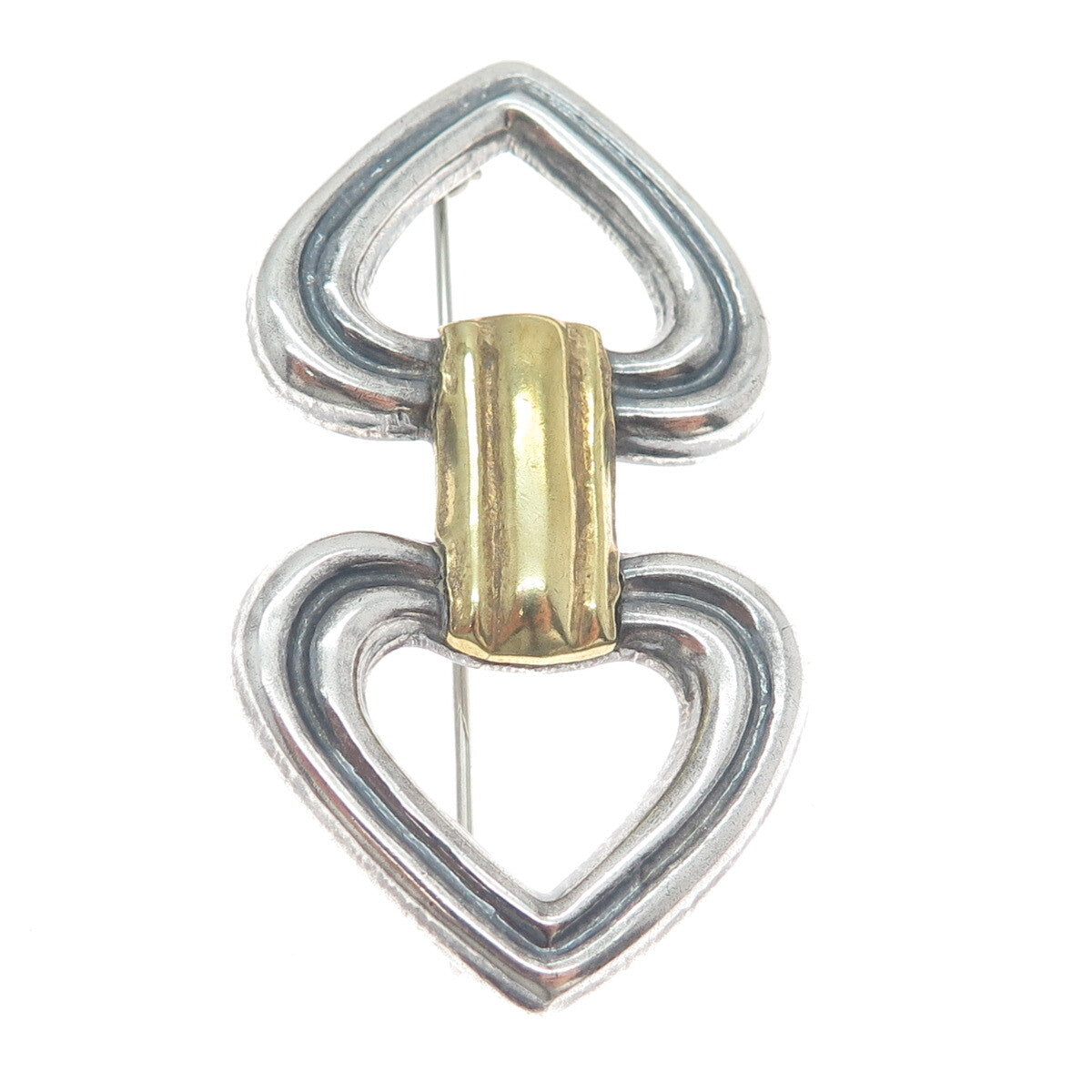 925 Sterling Silver 2-Tone Vintage Mexico Arrow Double Heart Oxidized Pin Brooch