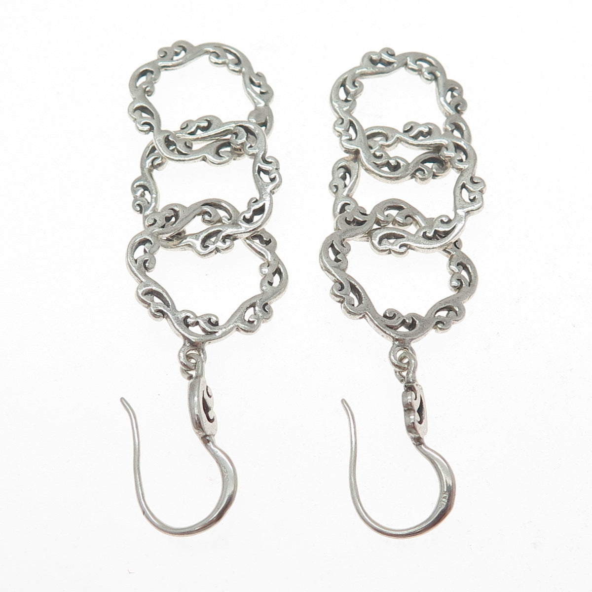 925 Sterling Silver Vintage Floral Scroll Circle Link Dangle Earrings