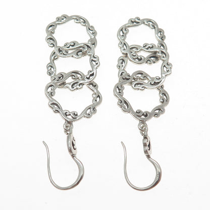 925 Sterling Silver Vintage Floral Scroll Circle Link Dangle Earrings