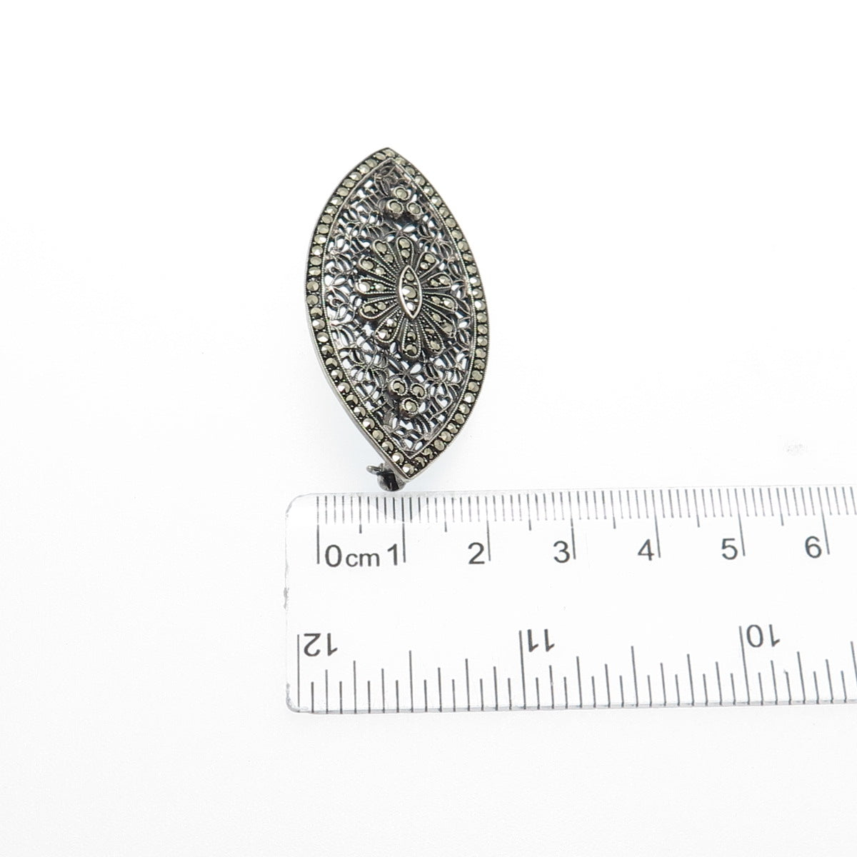 925 Sterling Silver Antique Art Deco Real Marcasite Filigree Oxidized Pin Brooch