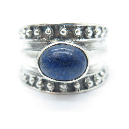 925 Sterling Silver Vintage Real Lapis Lazuli Gemstone Beaded Ring Size 8