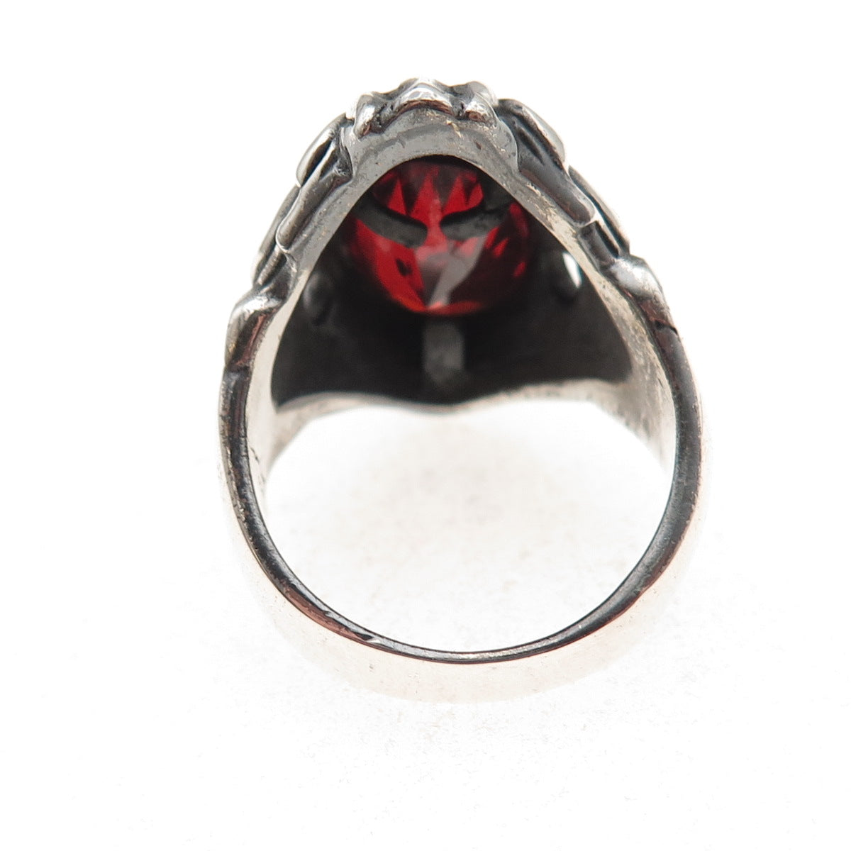 925 Sterling Silver Vintage Real Red Garnet Lion Oxidized Ring Size 9.75