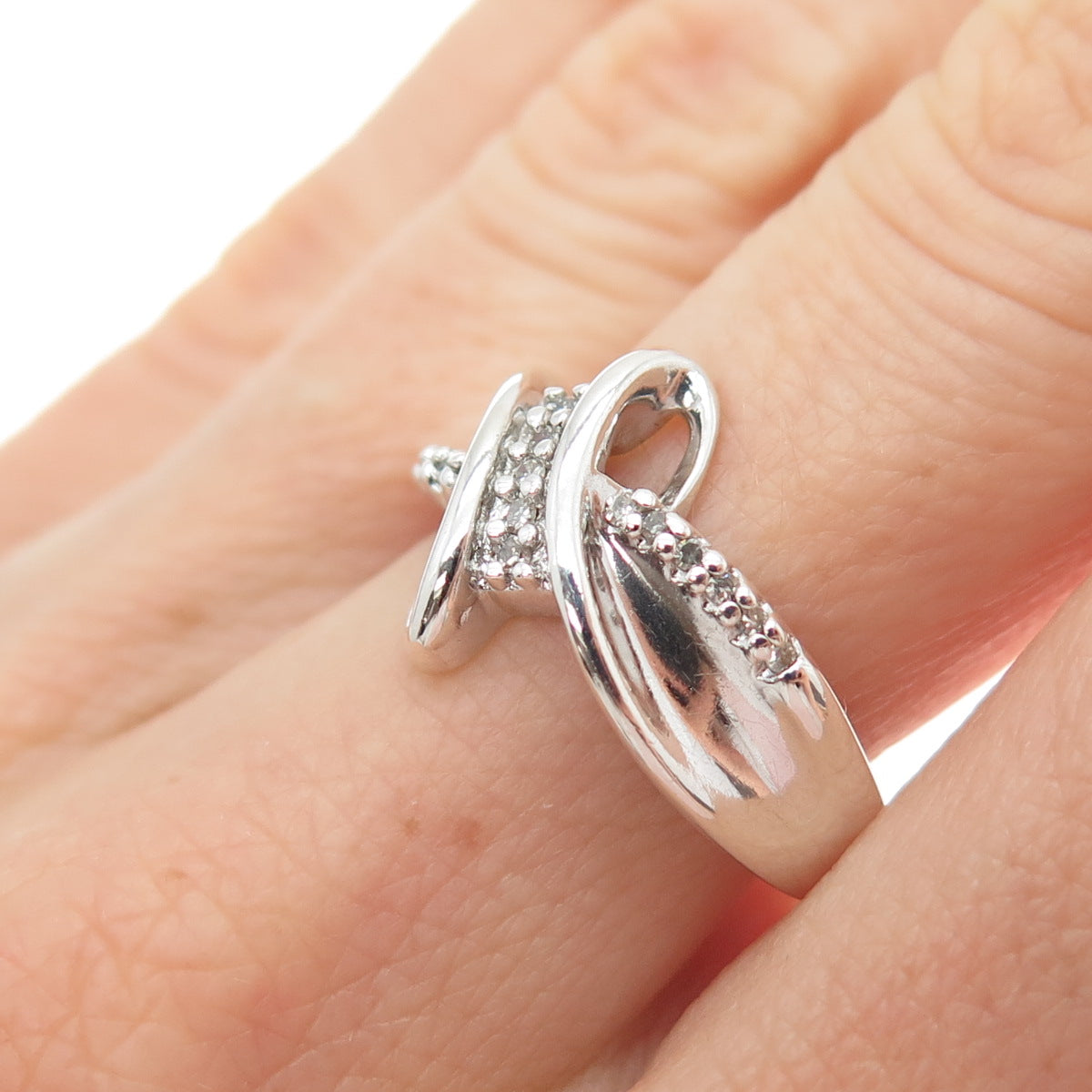 SUN 925 Sterling Silver Real Round-Cut Diamond Bypass Ring Size 7