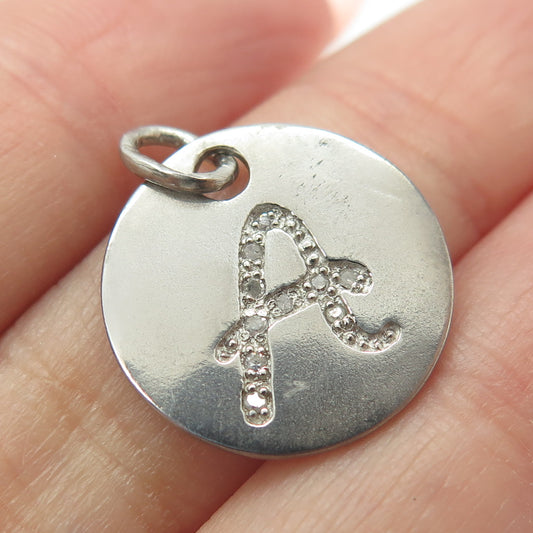 925 Sterling Silver Real Round-Cut Diamond Letter "A" Initial Tag Pendant