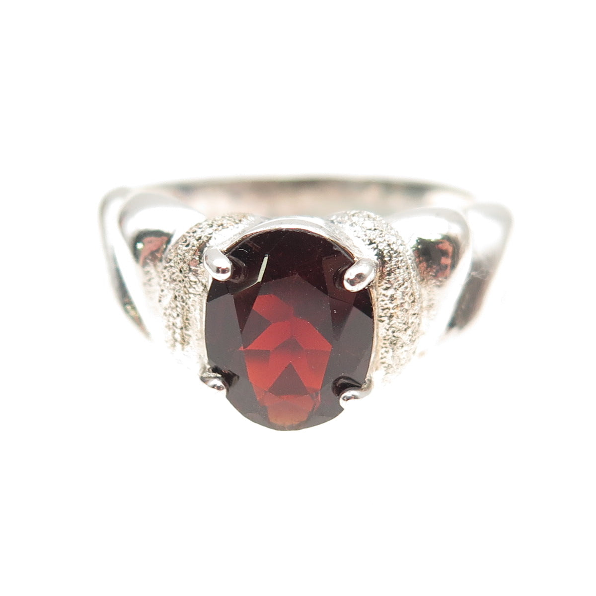 925 Sterling Silver Vintage Real Oval-Cut Red Garnet Modernist Ring Size 9