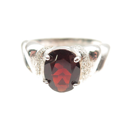 925 Sterling Silver Vintage Real Oval-Cut Red Garnet Modernist Ring Size 9