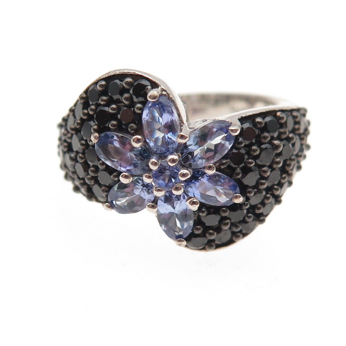 Chuck Clemency Sterling Silver Real Tanzanite Black Spinel Floral Ring Size 8.25