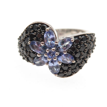 Chuck Clemency Sterling Silver Real Tanzanite Black Spinel Floral Ring Size 8.25