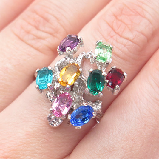 925 Sterling Silver Vintage Real Multi-Color Gemstone Modernist Ring Size 8.5