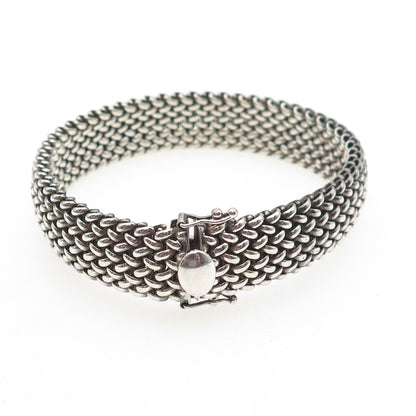 925 Sterling Silver Vintage Italy Mesh Link Oxidized Bracelet 7"