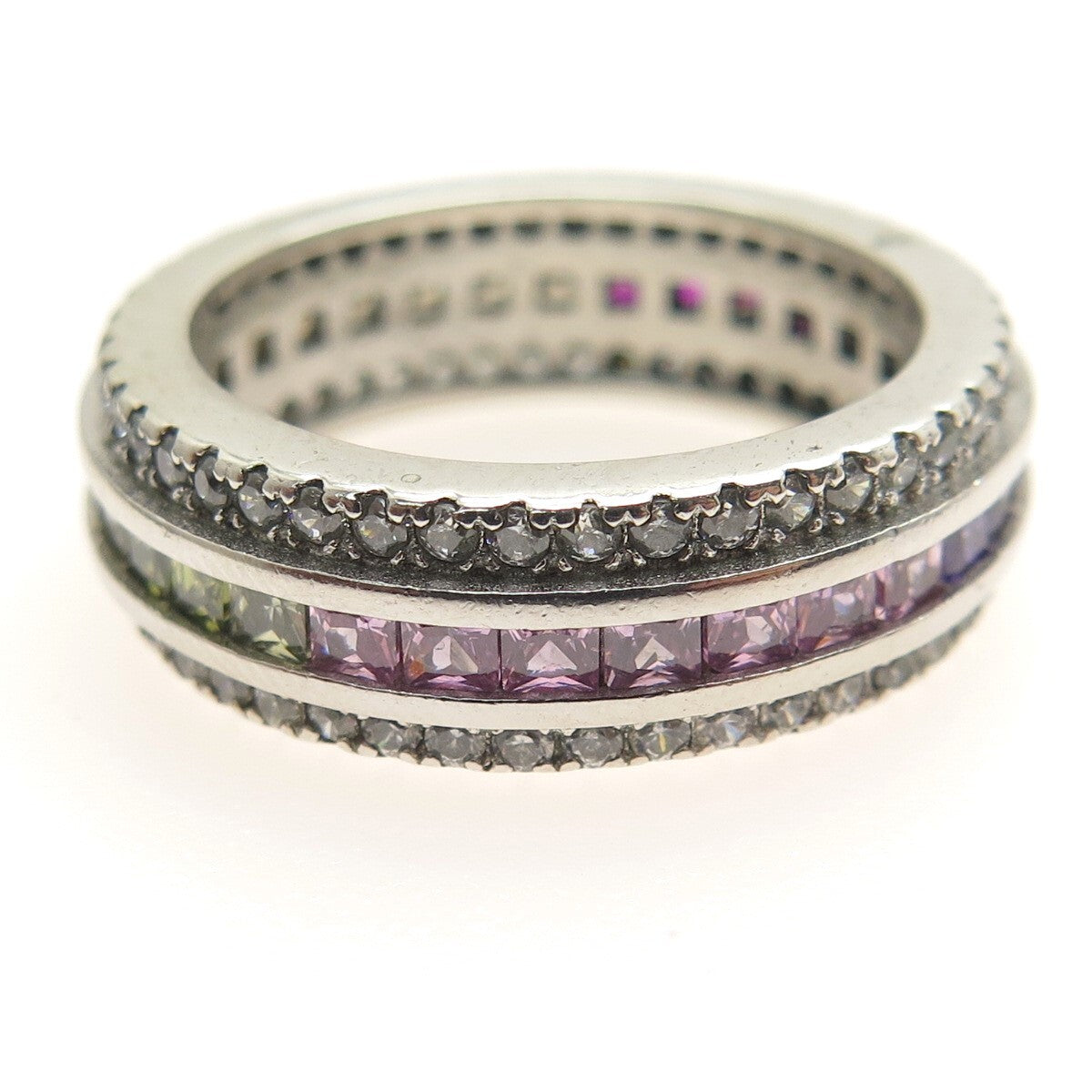 925 Sterling Silver Princess & Round-Cut Multi-Color C Z Eternity Ring Size 7.25