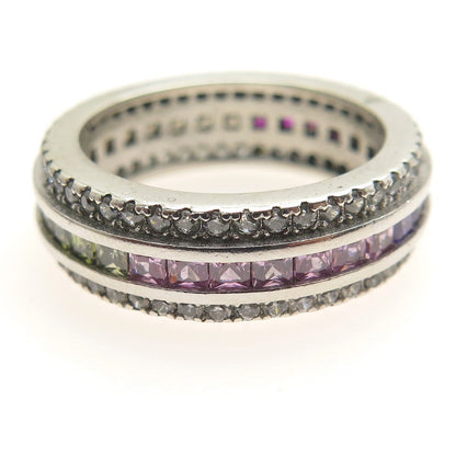 925 Sterling Silver Princess & Round-Cut Multi-Color C Z Eternity Ring Size 7.25