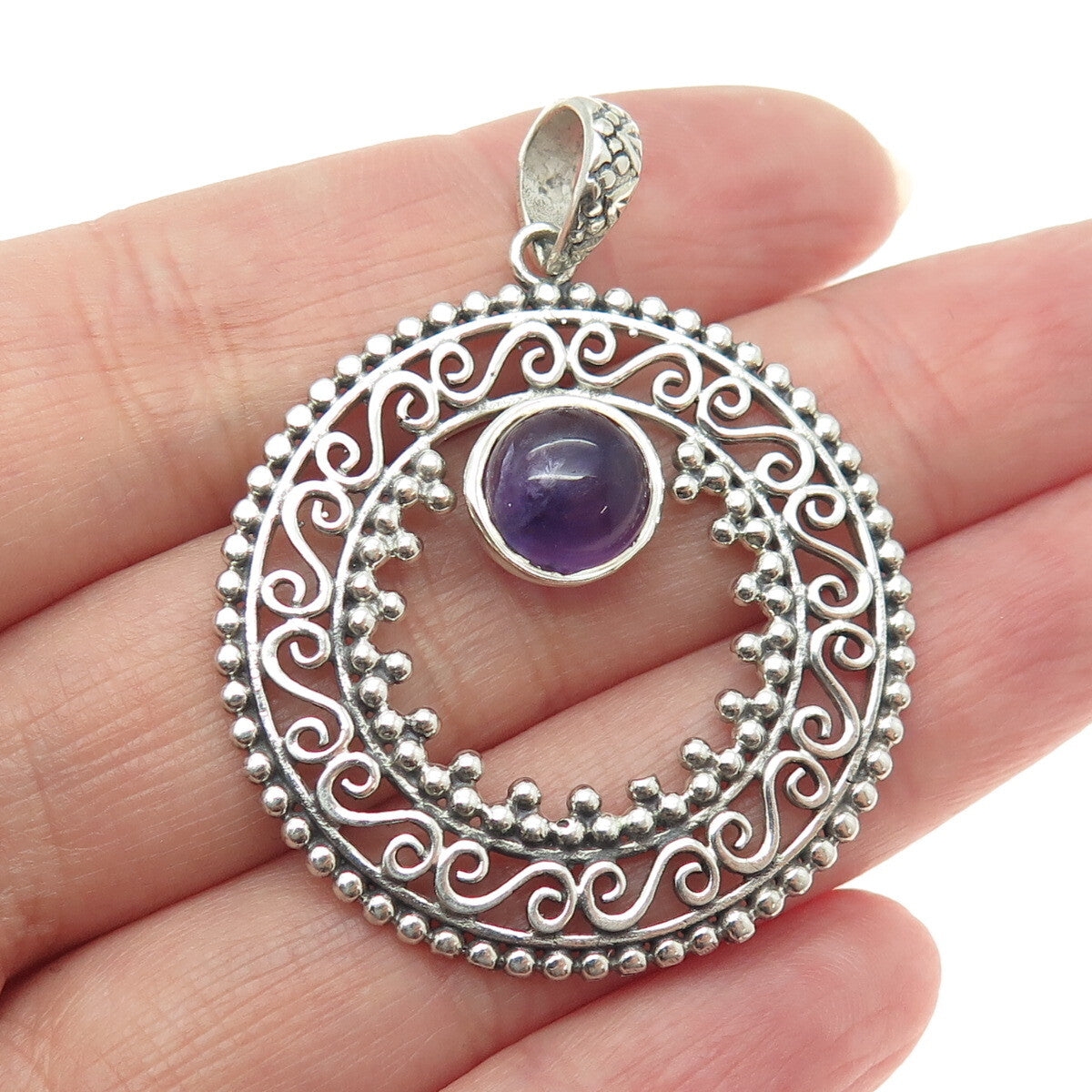 925 Sterling Silver Vintage Real Amethyst Swirl Granulated Pendant