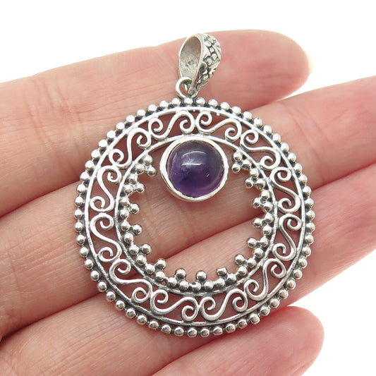 925 Sterling Silver Vintage Real Amethyst Swirl Granulated Pendant