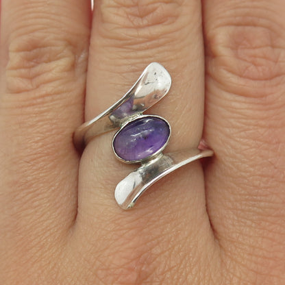 925 Sterling Silver Vintage Mexico Real Amethyst Modernist Ring Size 8