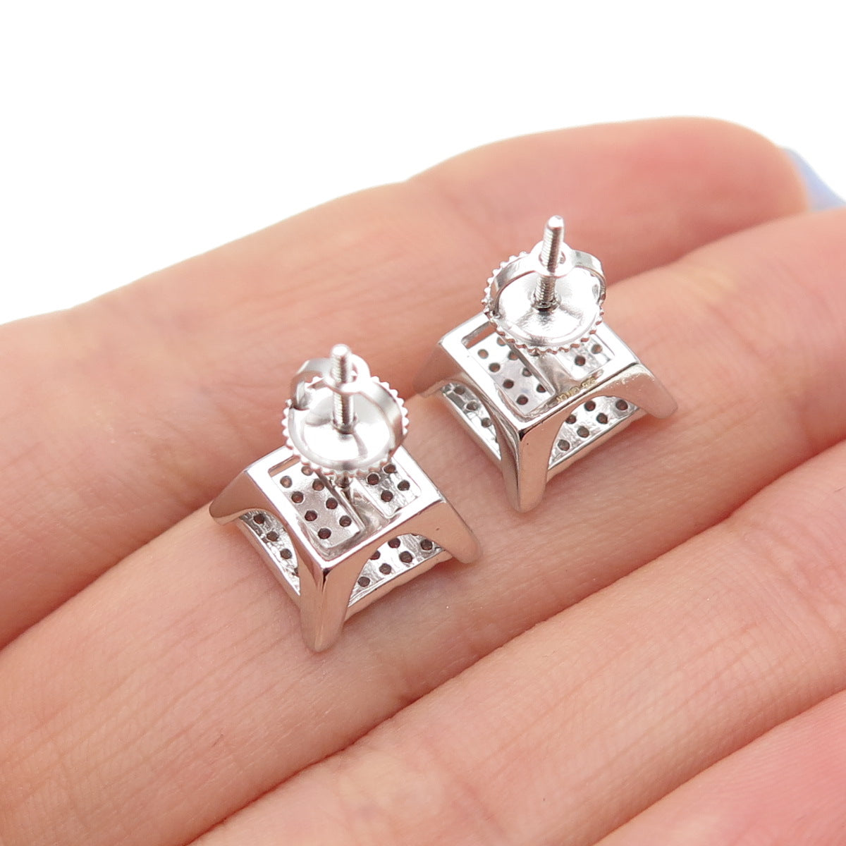 925 Sterling Silver Round-Cut C Z Square Stud Earrings