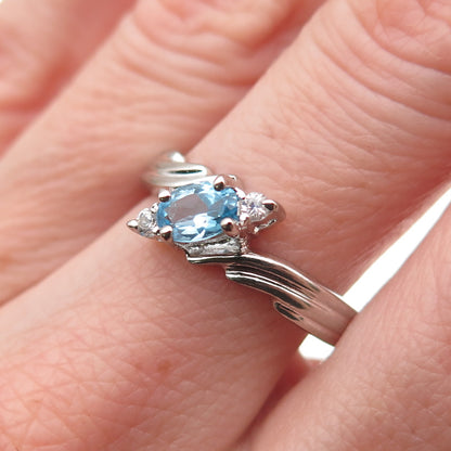 925 Sterling Silver Real Blue Topaz & C Z Bypass Ring Size 8.5