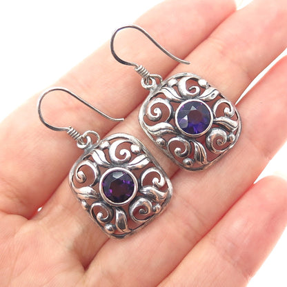 925 Sterling Silver Vintage Real Amethyst Floral Oxidized Dangle Earrings