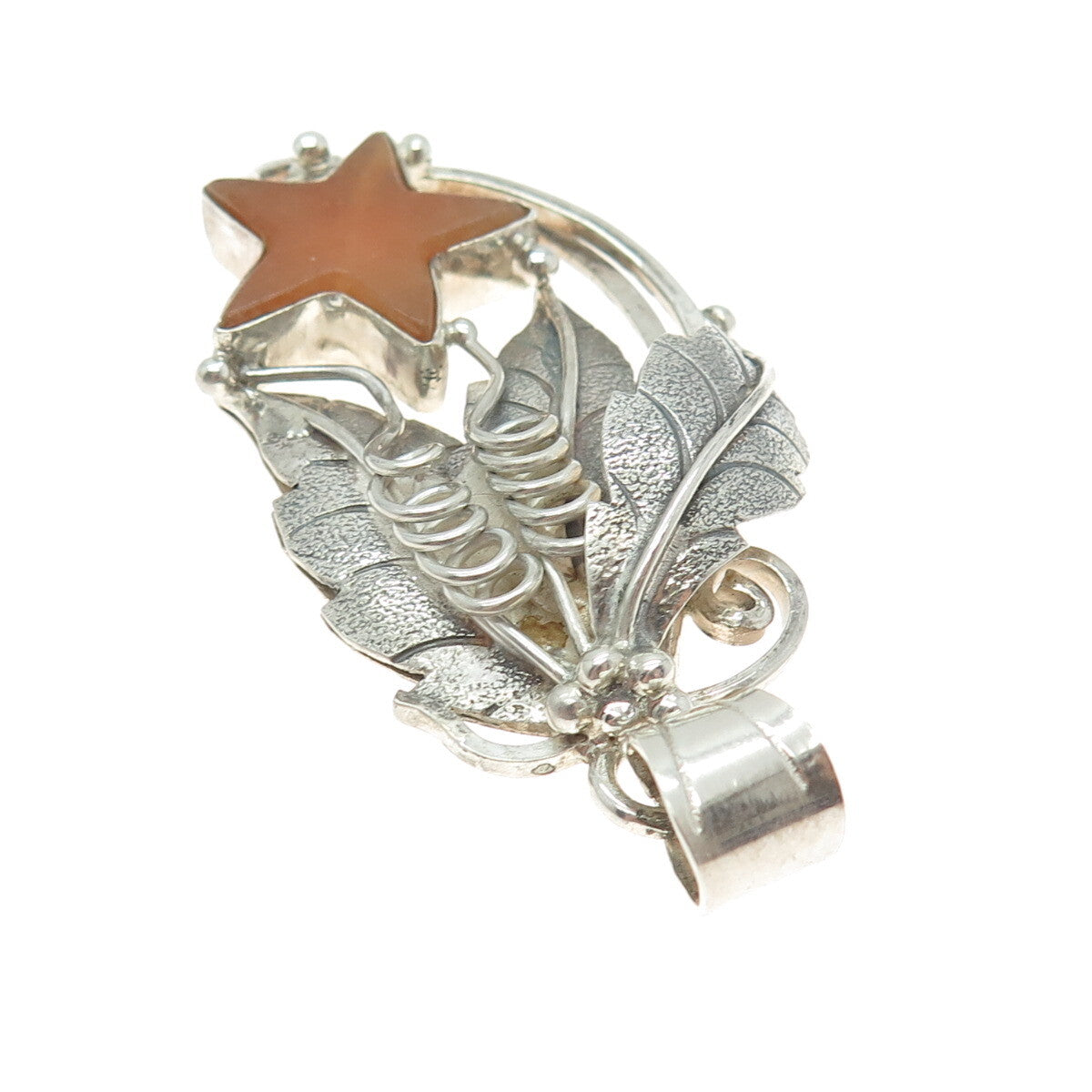 925 Sterling Silver Vintage Real Carnelian Agate Gemstone Star Leaf Pendant