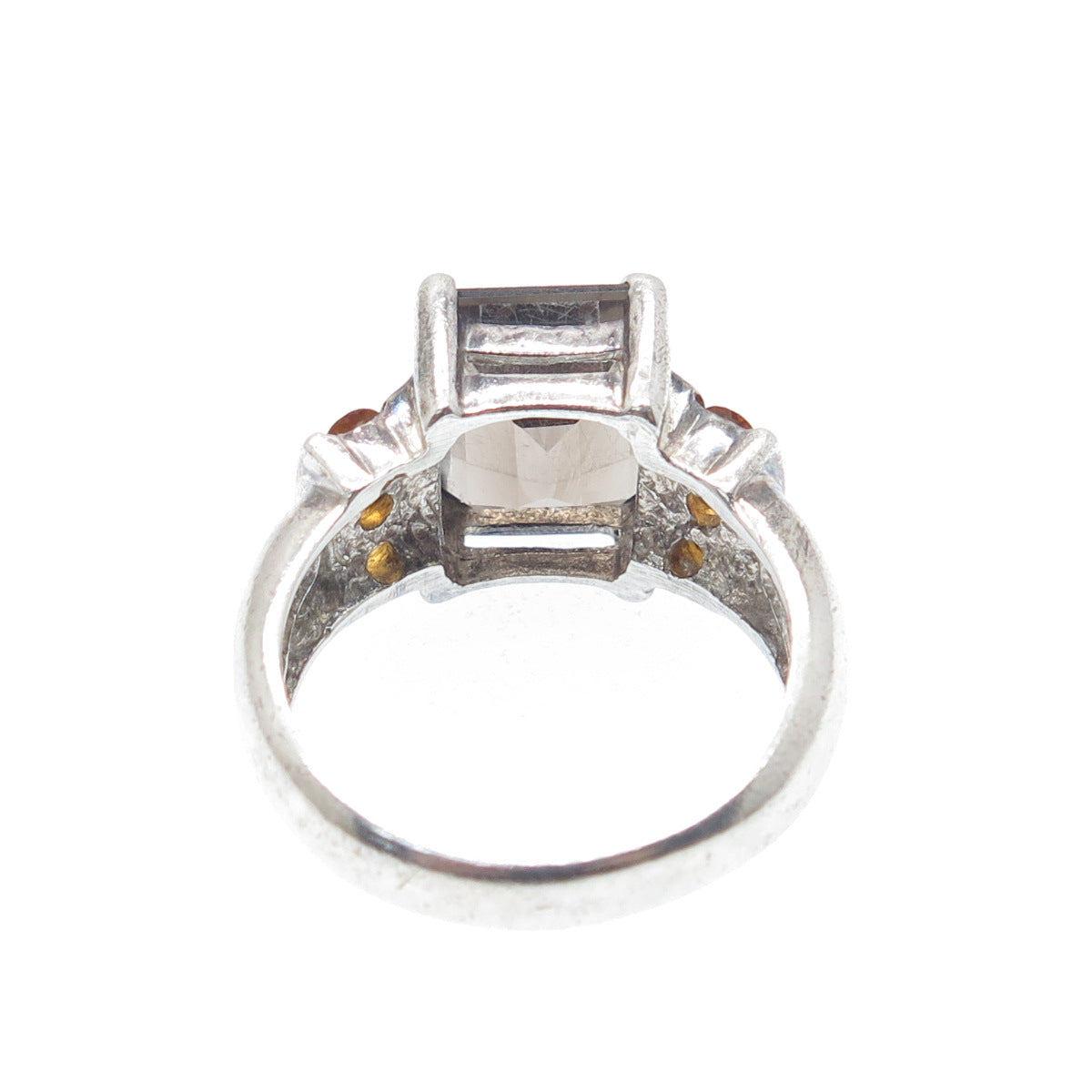 925 Sterling Silver Vintage Real Emerald-Cut Smoky Quartz & Citrine Ring Size 6