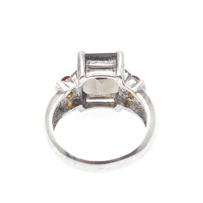 925 Sterling Silver Vintage Real Emerald-Cut Smoky Quartz & Citrine Ring Size 6
