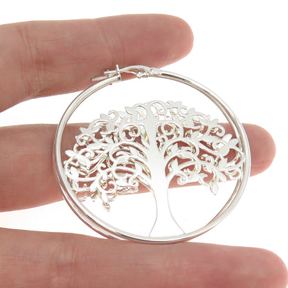 925 Sterling Silver Tree Of Life Hoop Earrings