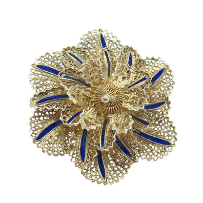 925 Sterling Silver Gold Plated Vintage Enamel Filigree Floral Pin Brooch