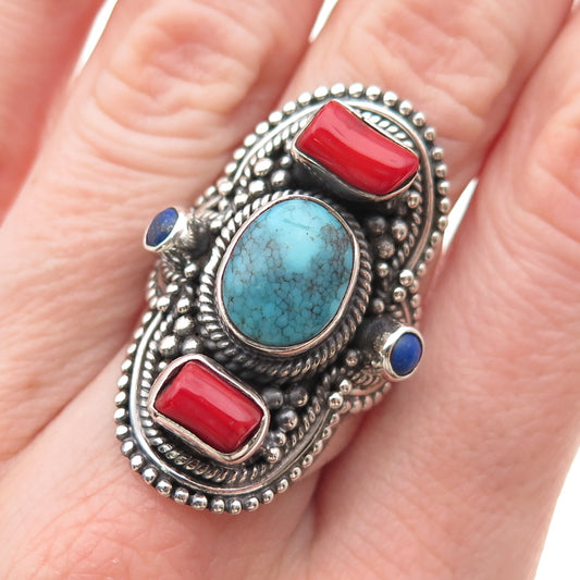 925 Sterling Silver Vintage Real Turquoise Coral Lapis Beaded Ring Size 8.75