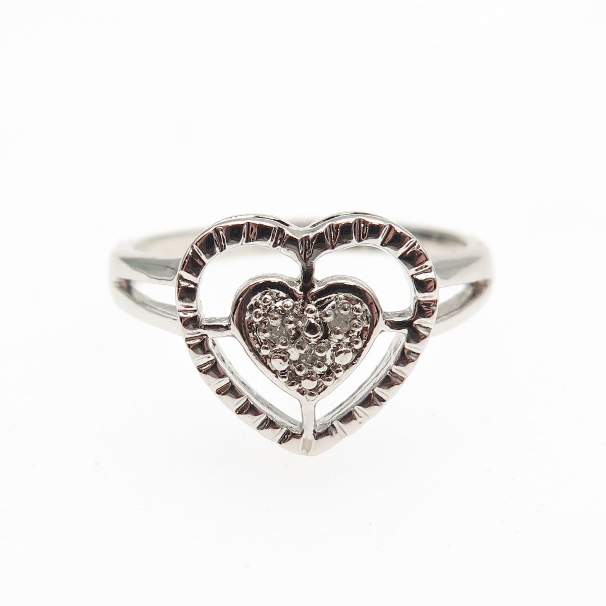 925 Sterling Silver Real Round-Cut Diamond Heart Ring Size 7