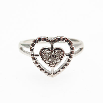 925 Sterling Silver Real Round-Cut Diamond Heart Ring Size 7
