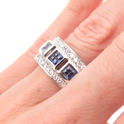 925 Sterling Silver Blue Princess & White Round-Cut C Z Ring Size 6