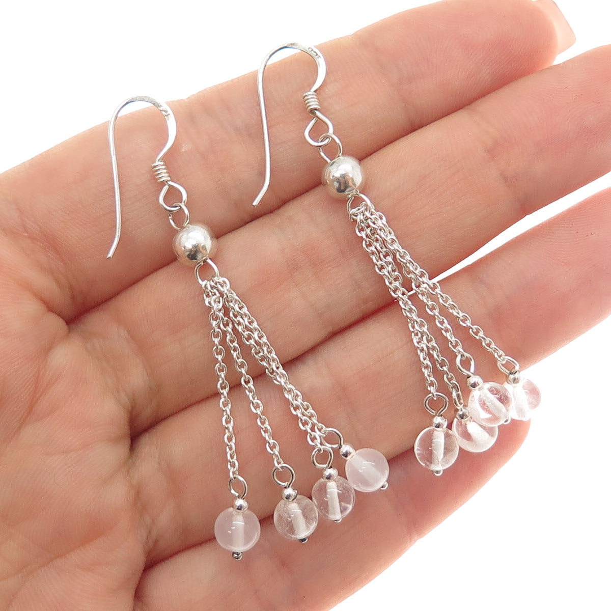 925 Sterling Silver Vintage Clear Crystal Tassel Dangle Earrings