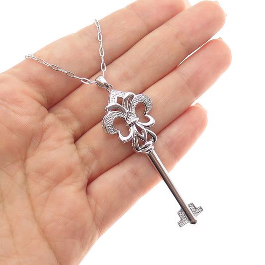925 Sterling Silver Real Diamond Fleur de Lis Key Cable Chain Necklace 32"