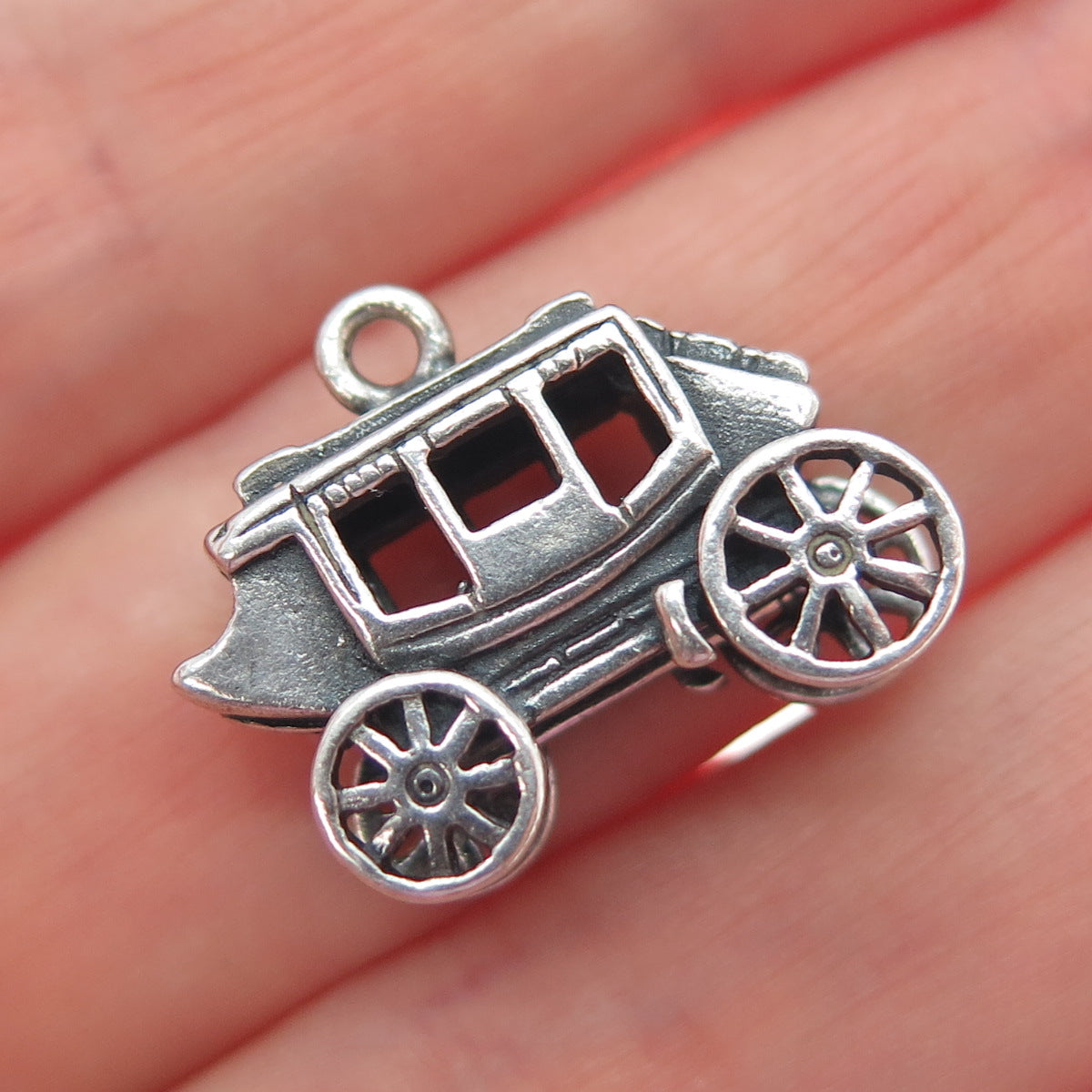 925 Sterling Silver Vintage Carriage Oxidized 3D Charm Pendant