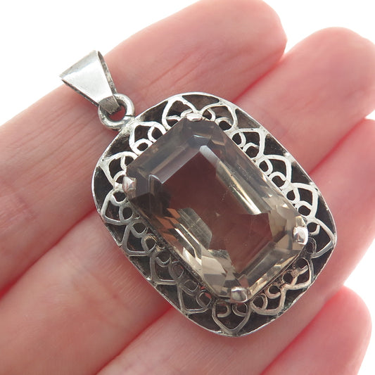 925 Sterling Silver Vintage Real Emerald-Cut Smoky Quartz Heart Link Pendant