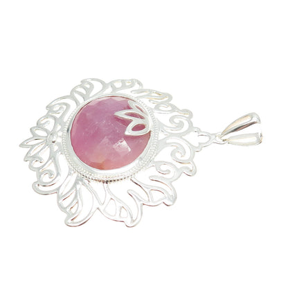 925 Sterling Silver Real Pink Sapphire Gemstone Ornate Pendant