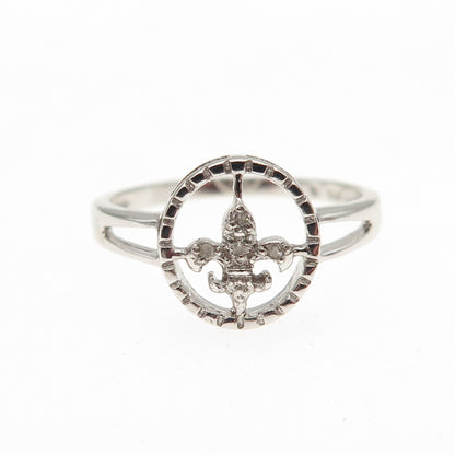 925 Sterling Silver Real Round-Cut Diamond Fleur de Lis Ring Size 8