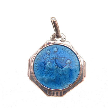 925 Sterling Antique Art Deco France Enamel Our Lady of Mount Carmel Pendant