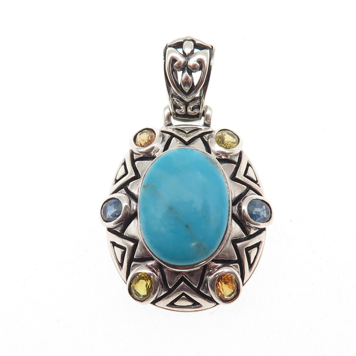 SX Sally C 925 Sterling Vintage Real Turquoise Blue & Yellow Sapphire Pendant
