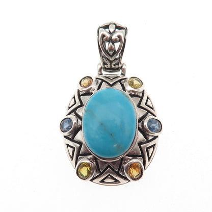 SX Sally C 925 Sterling Vintage Real Turquoise Blue & Yellow Sapphire Pendant