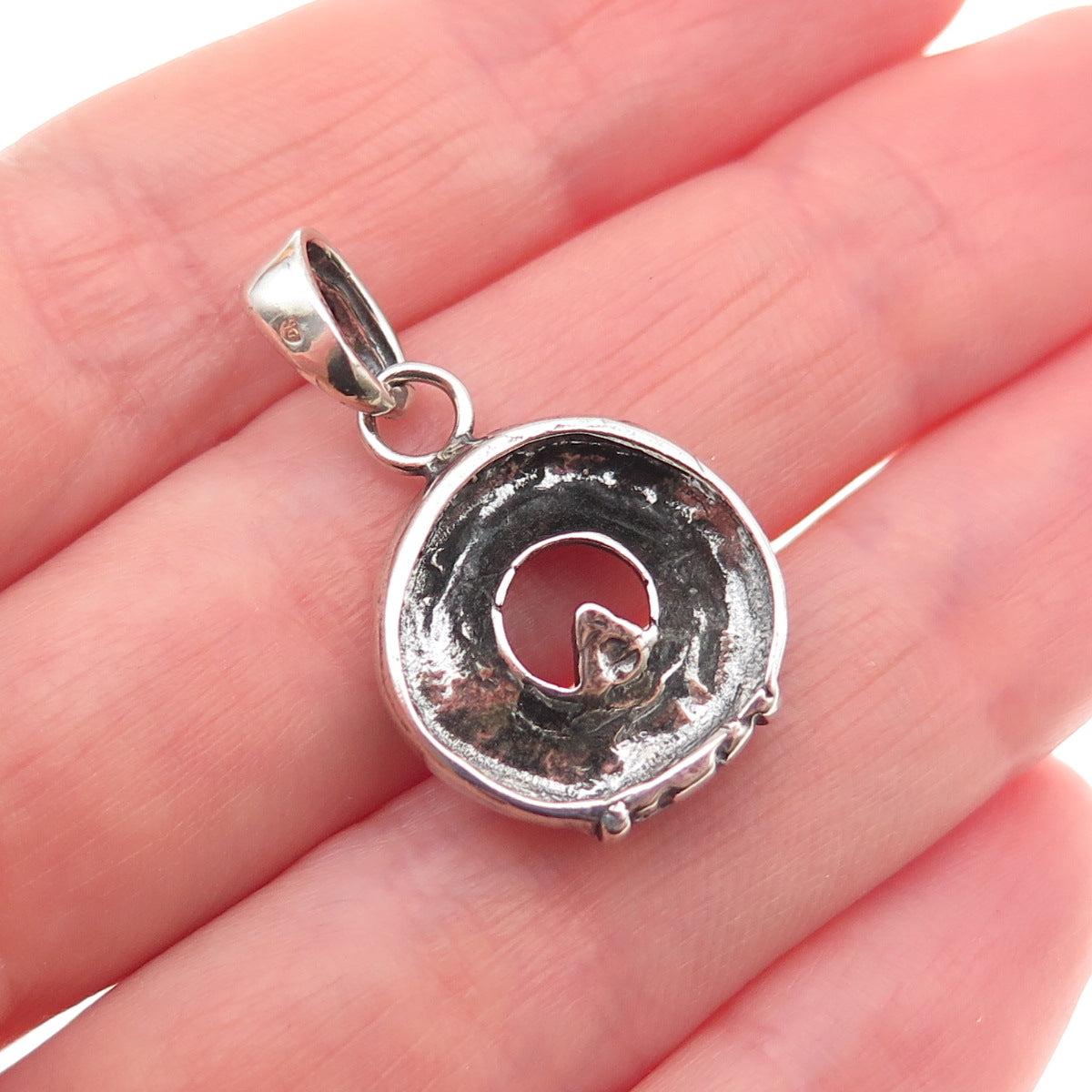 925 Sterling Silver Vintage Modernist Circle Oxidized Charm Pendant