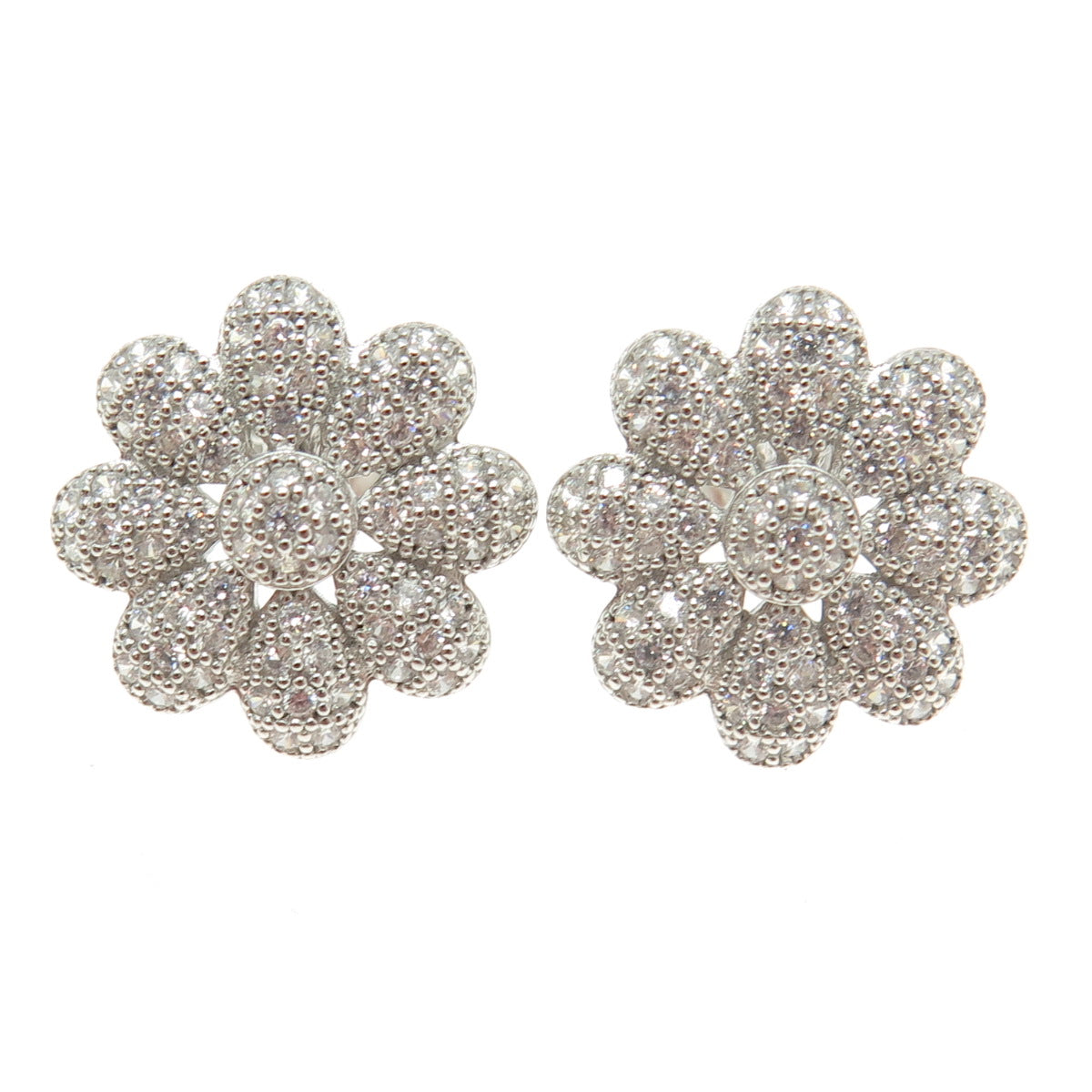 925 Sterling Silver Round-Cut C Z Flower Earrings