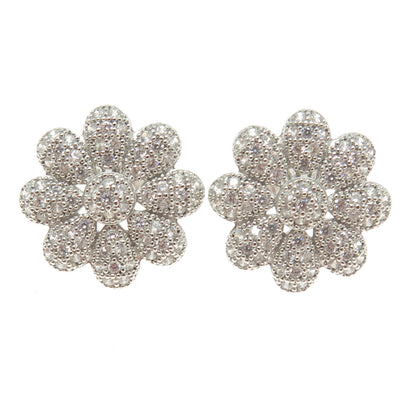 925 Sterling Silver Round-Cut C Z Flower Earrings